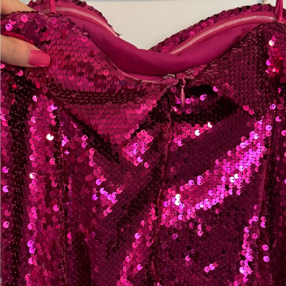 Strapless Fuchsia Pink Sequin Strapless Dress - Picture 4 of 9